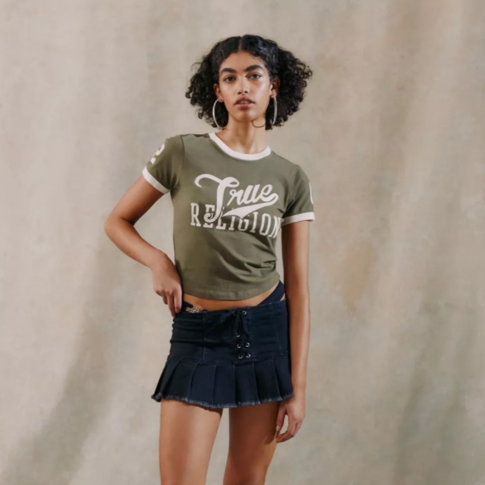 True Religion~Olive Green Ringer Sport Baby Tee ~ Size Small - Picture 3 of 10